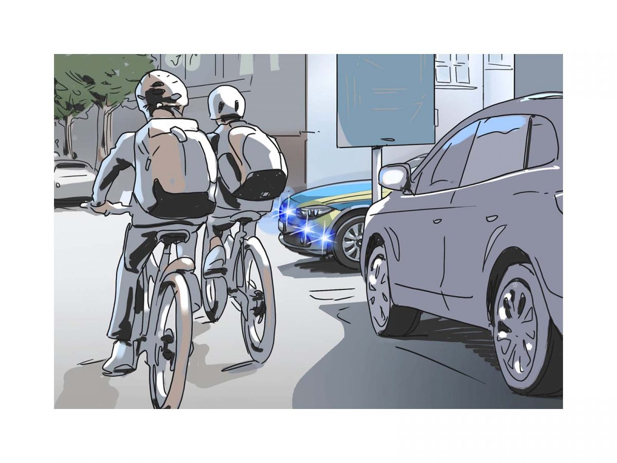 Intersection Light Blue Illustration on Front of Police Vehicle Rolling out Onto Road with Cyclists