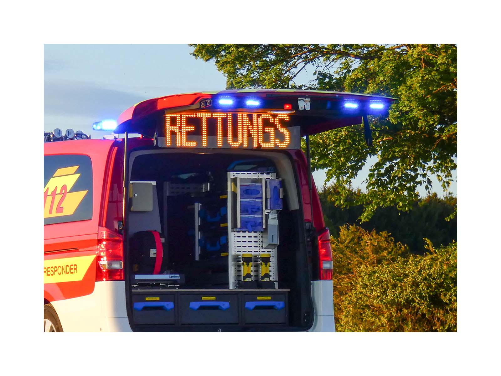 Message Display Sign in Back of Responder Vehicle Showing the Message Rettungs