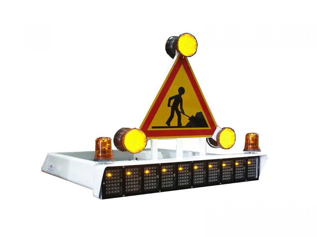 White Casing Colour for Frame Small, Medium and Large Shown on Roadworks Warning Triangle with Amber Beacons and Circular LEDs