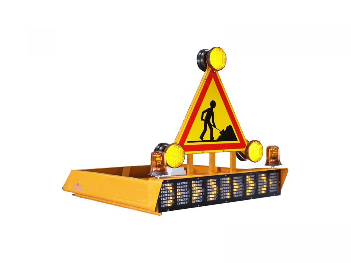 Orange Casing Colour for Frame Shown on Roadworks Warning Triangle with Amber Beacons and Circular LEDs