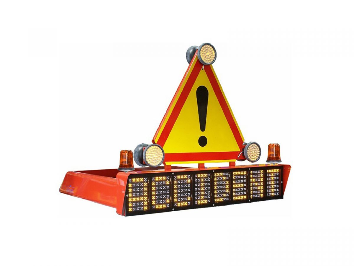 Red Casing Colour for Frame Shown on Warning Triangle with Amber Beacons, Circular LEDs and Accident Message