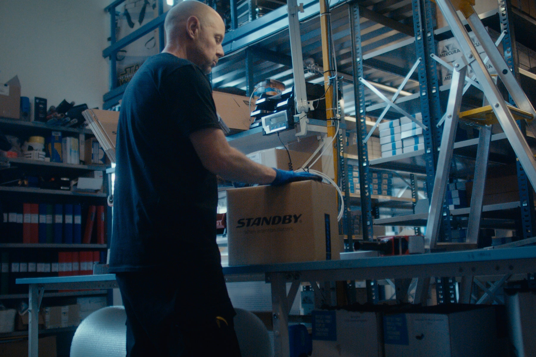 Page Image Worker Packing Standby Branded Box in Warehouse, Low Lit