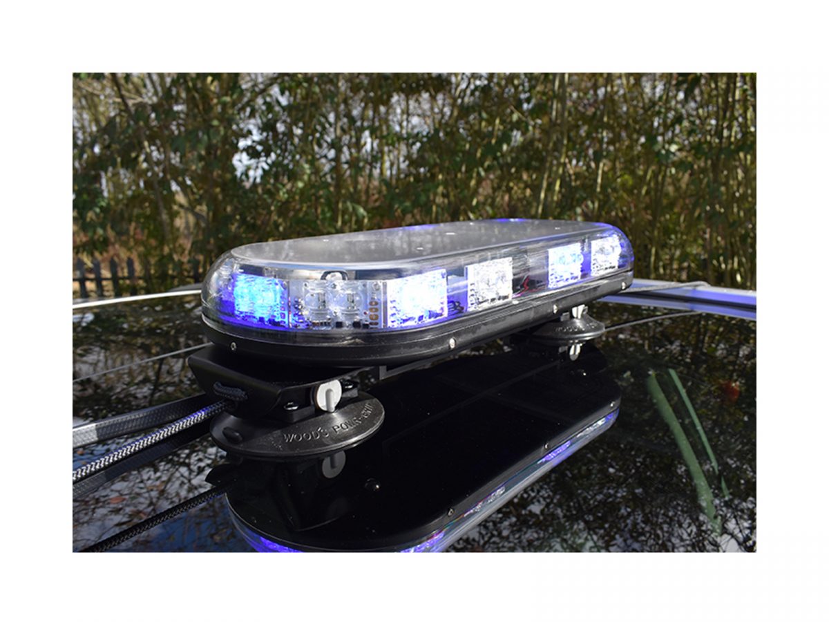 Trail Blazer 2 LED Mini Lightbar Clear Blue White Angle View Lit In Situ on Black Car Roof