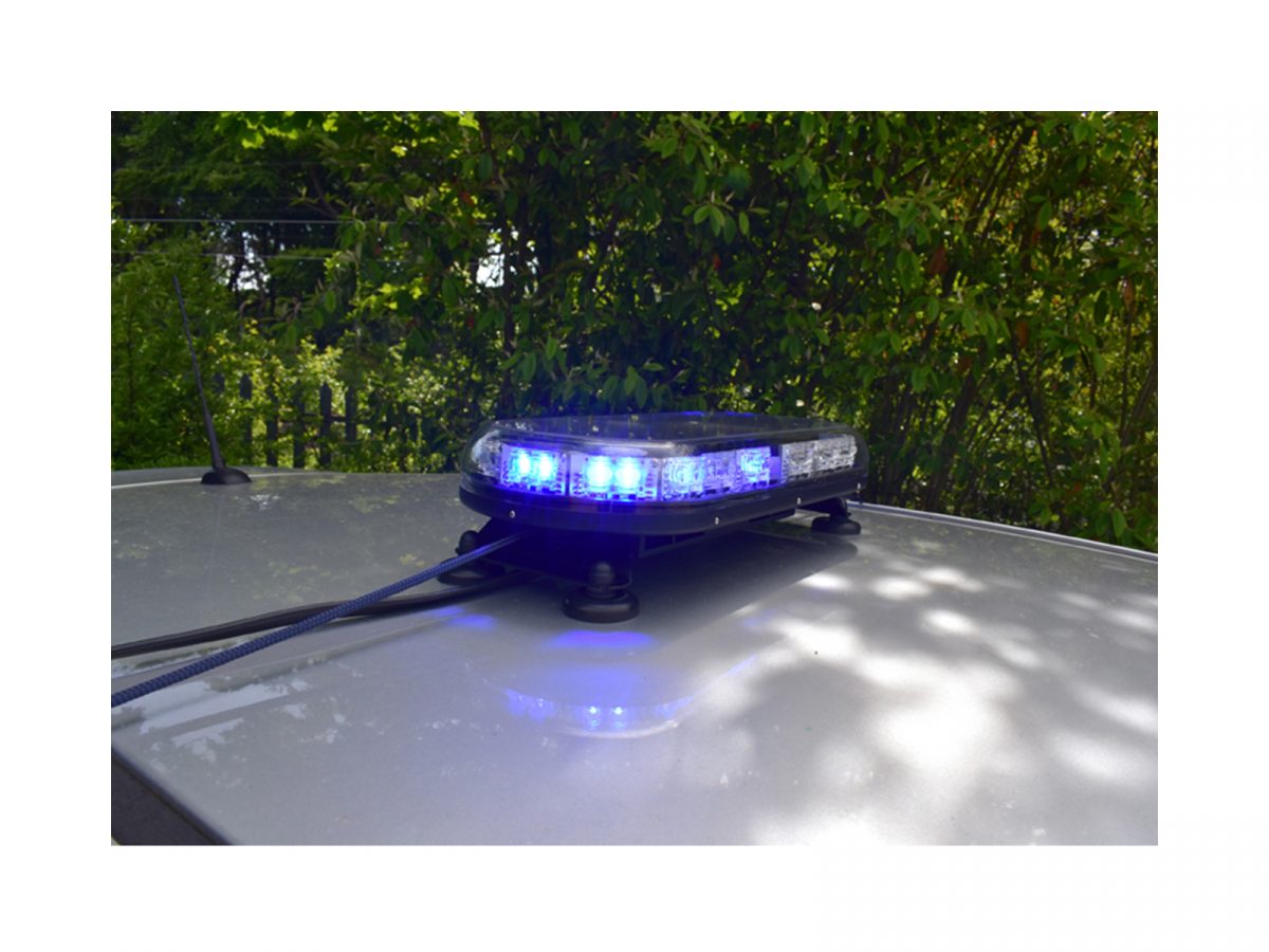 Trail Blazer 2 LED Mini Lightbar Half Blue Angle View Lit In Situ on Silver Car Roof