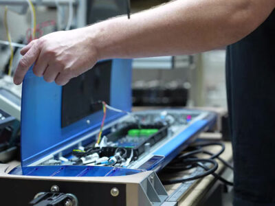 Close up of a worker opening the top of an unlit blue lightbar, revealing the components inside.