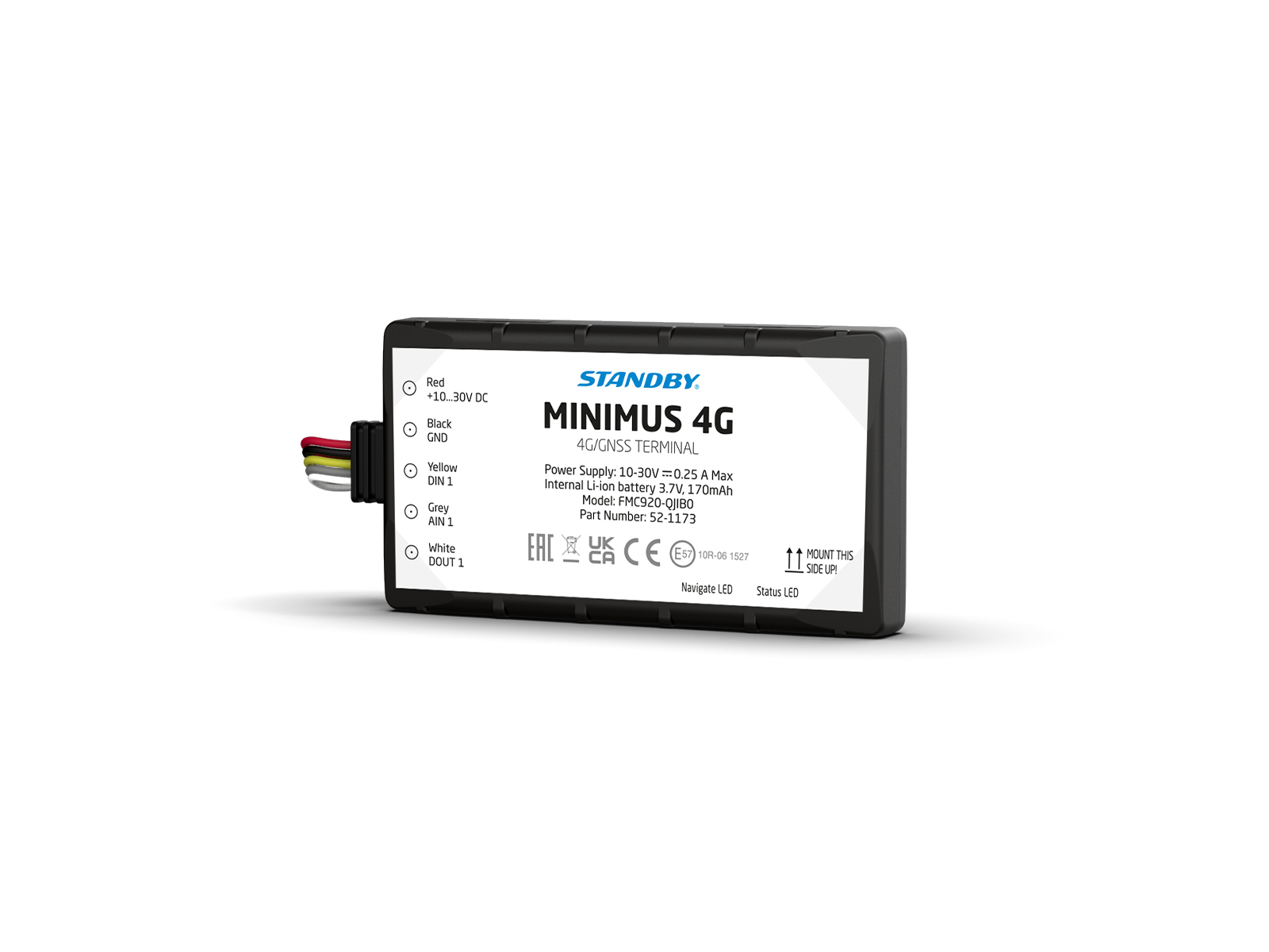 FleetMotus Minimus 4G device front angle view with shadow underneath and multicoloured wired coming from the side