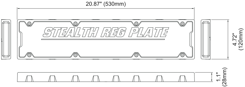 Smoked Lens Stealth Reg Plate Dimensions Illustration 530mm Length 120mm Height 28mm Depth