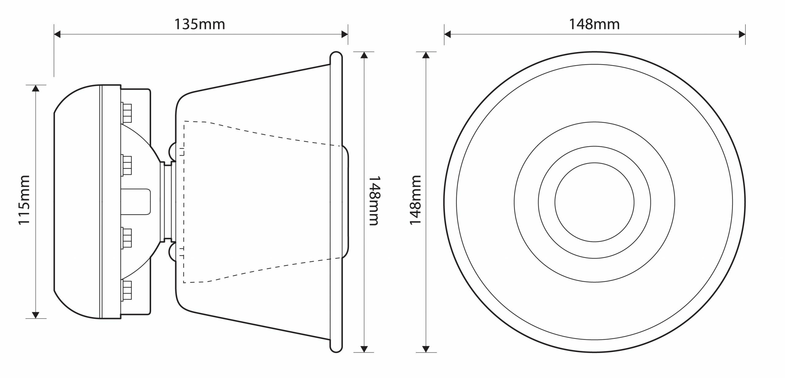 LSP-210-01 100 Watt Round Speaker Dimensions Illustration Showing 115mm Height, 135mm Depth and 148mm Diameter