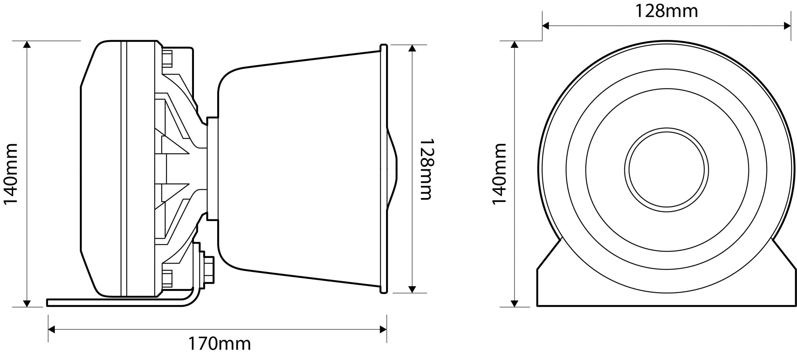 LSP-204 200 Watt Round Speaker - Digital Dimensions Illustration Showing 140mm Height, 170mm Depth and 128mm Diameter