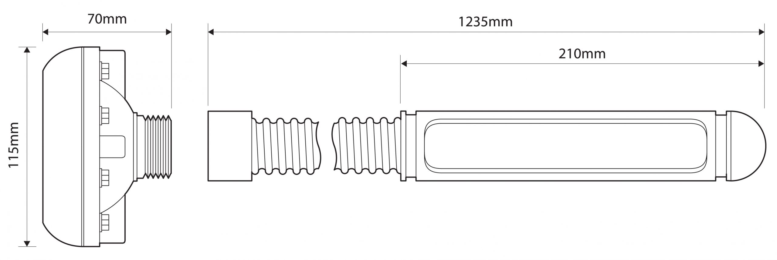LSP-213 Siren Pipe Extension and Speaker Kit Dimensions Illustration Showing 1235mm/210mm Extension Length and 70mm Width and 115mm Height for Speaker