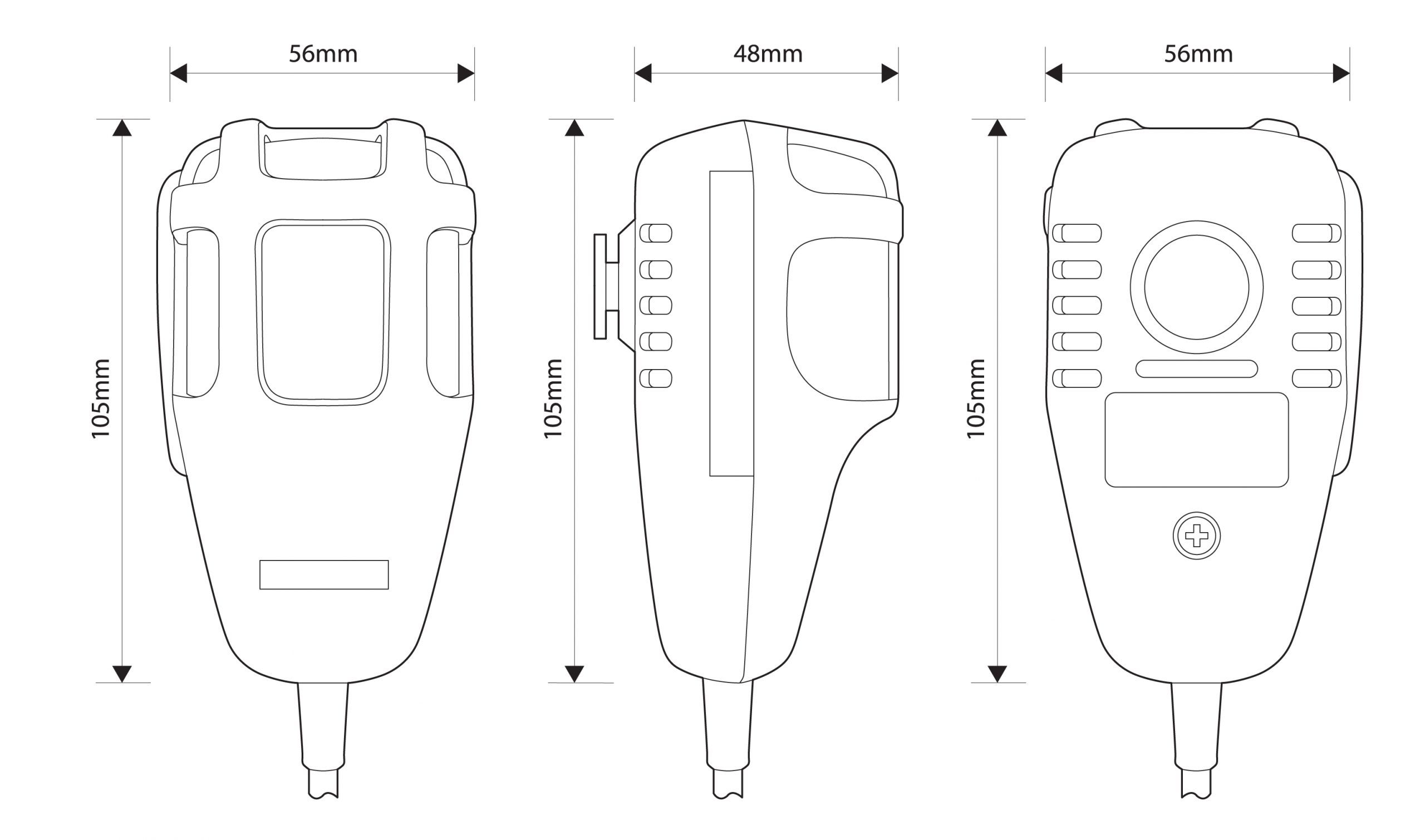 UNI-MIC-003 UNI-MIC-005 Hand Held Microphone Dimensions of 105mm Height, 56mm Width and 48mm Depth