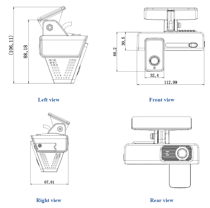 AEX-ST-DMC-MAXI Maxi Dashcam Dimensions Showing : 113.0 mm×67.8 mm×88.2 mm (excluding bracket)