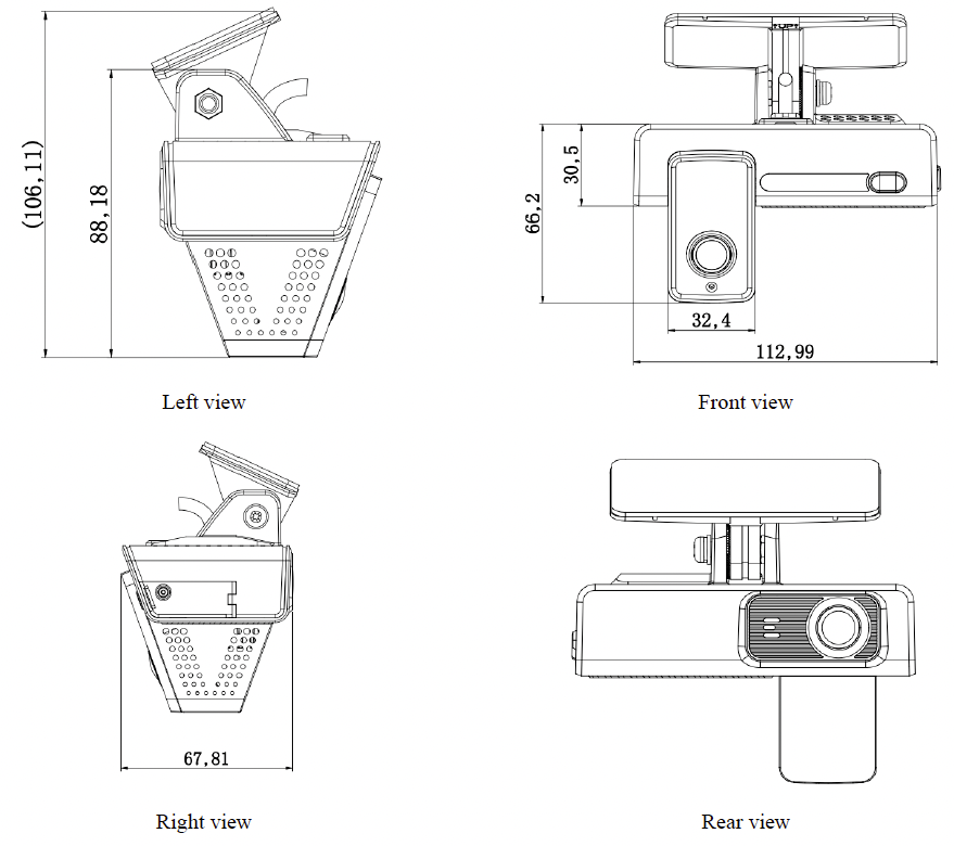 AEX-ST-DMC-MIDI Midi Dashcam Dimensions Showing 113.0 mm (length) × 67.8 mm (width) × 88.2mm (height, without bracket)