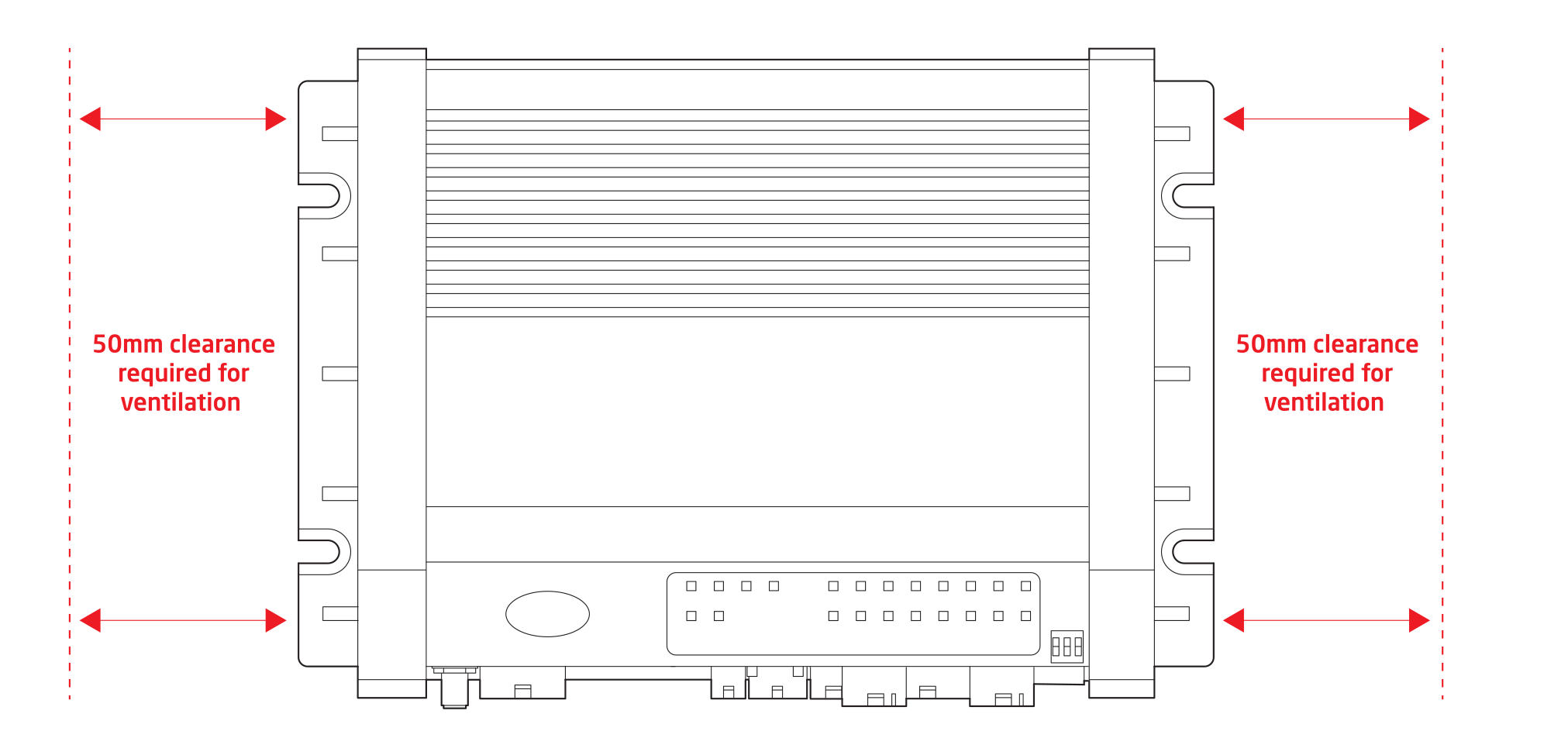 MCS-NX8 Ventilation Clearance Dimensions showing 50mm clearance requirement each side