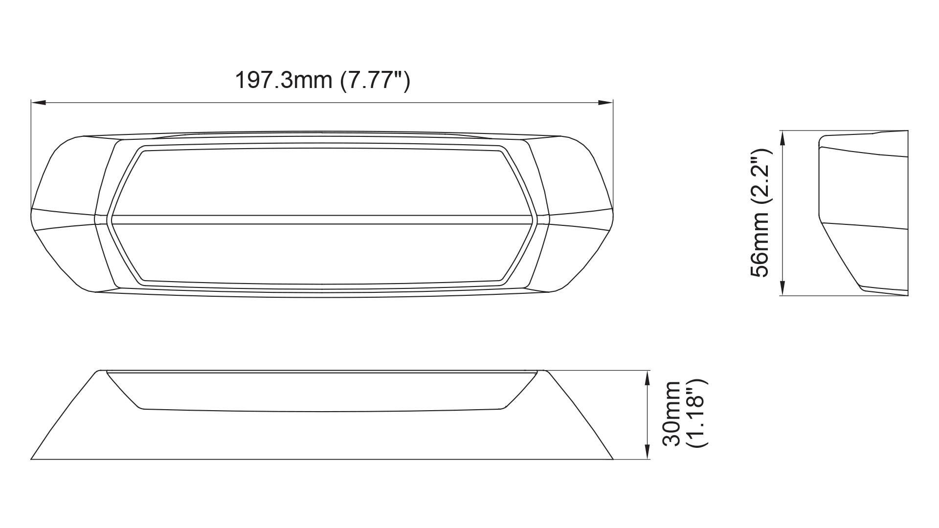 SceneMax Combo LED Dimensions Drawing showing 197.3mm length, 30mm depth and 56mm height