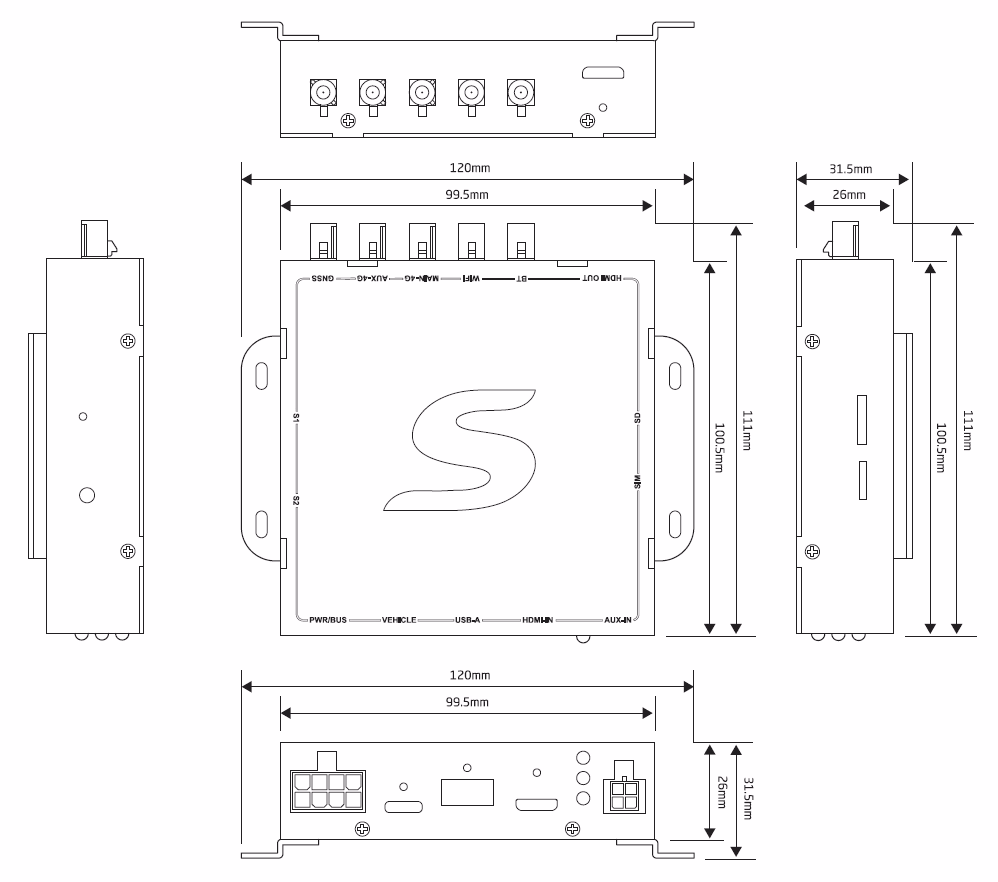 UniBox dimensions showing top and side unit elevations