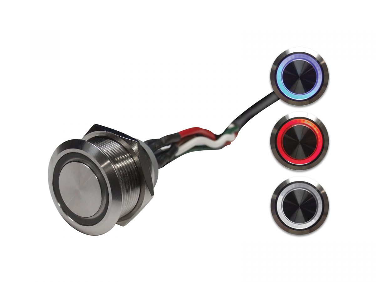Momentary Cyclic Push Button - Dual Colour Showing Blue Red and White LEDs