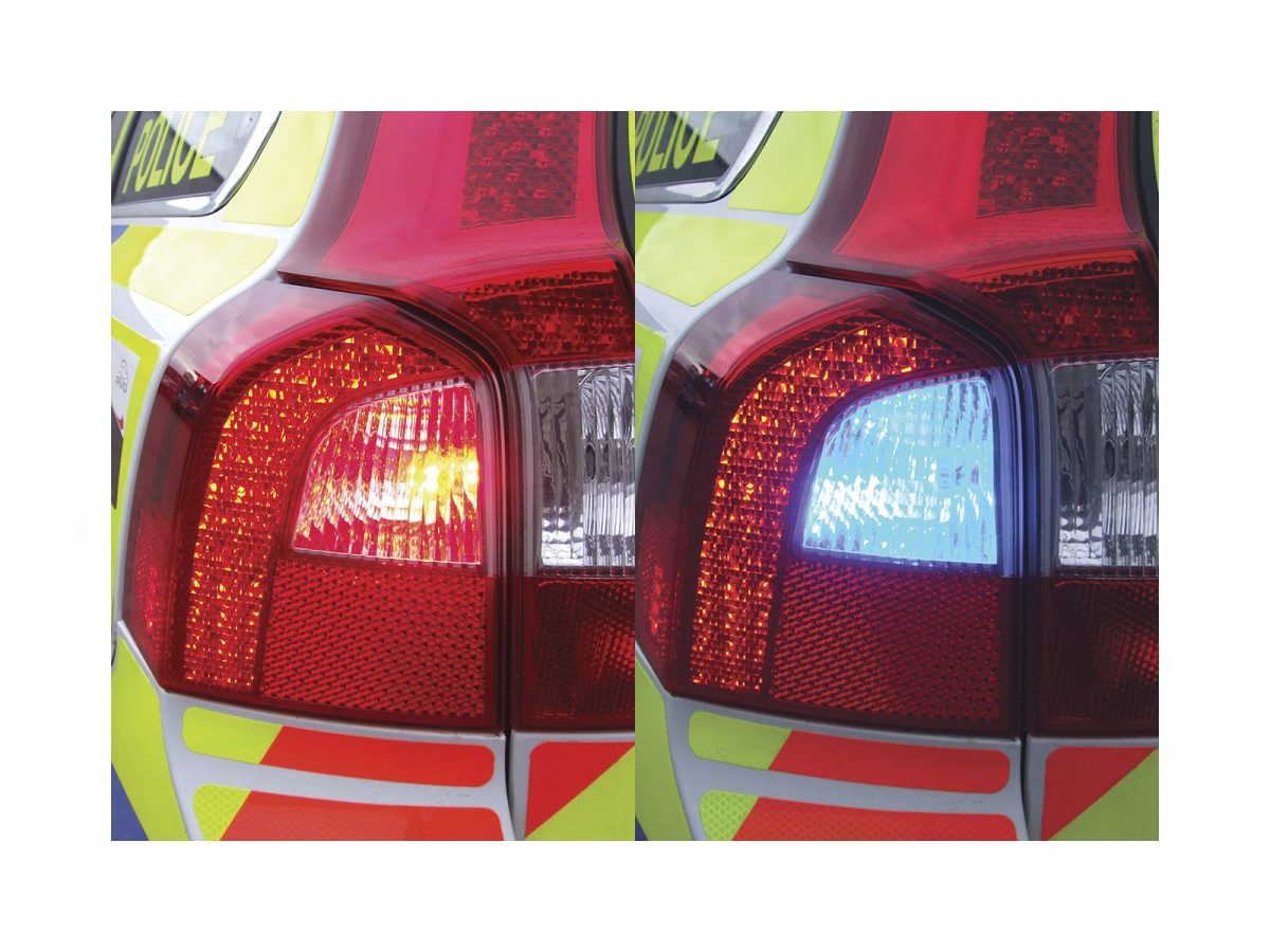 Pop-a-Light Covert LED Modules (S-PAL06) In Situ Installed in Police Car Tail Light Housing Red Blue