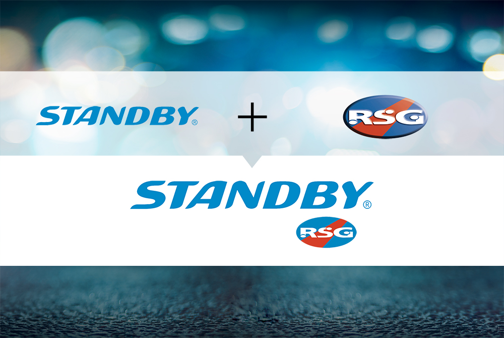 Standby Logo Plus Sign RSG Logo Equals Standby RSG Logo on Blue Light Flare Background