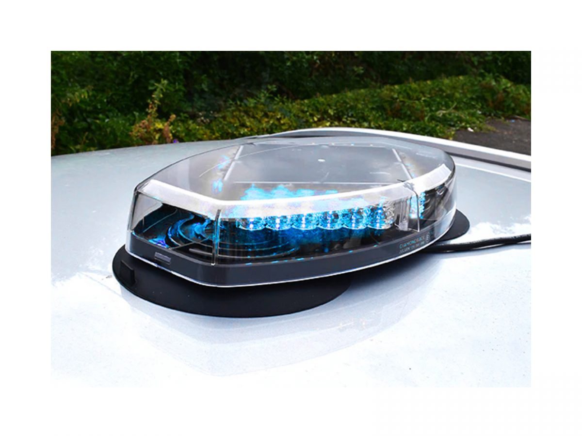 Diamondback LED Mini Lightbar with Blue LEDs lit in Situ on Silver Car Roof