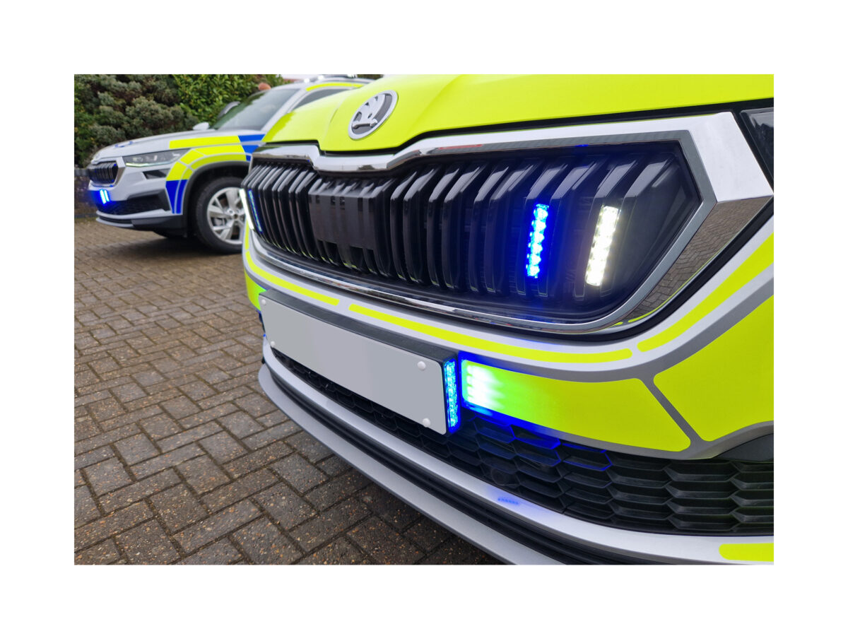 Edge Dagger Blue White LED Modules and Blue Stealth Reg Plate Lit In Situ Ambulance Front Grille