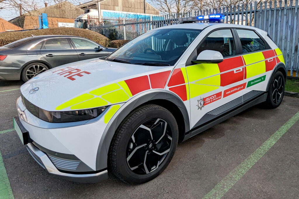 Avon Fire & Rescue Service Hyundai Ioniq Angle View with Fire Livery and Blue Lightbar