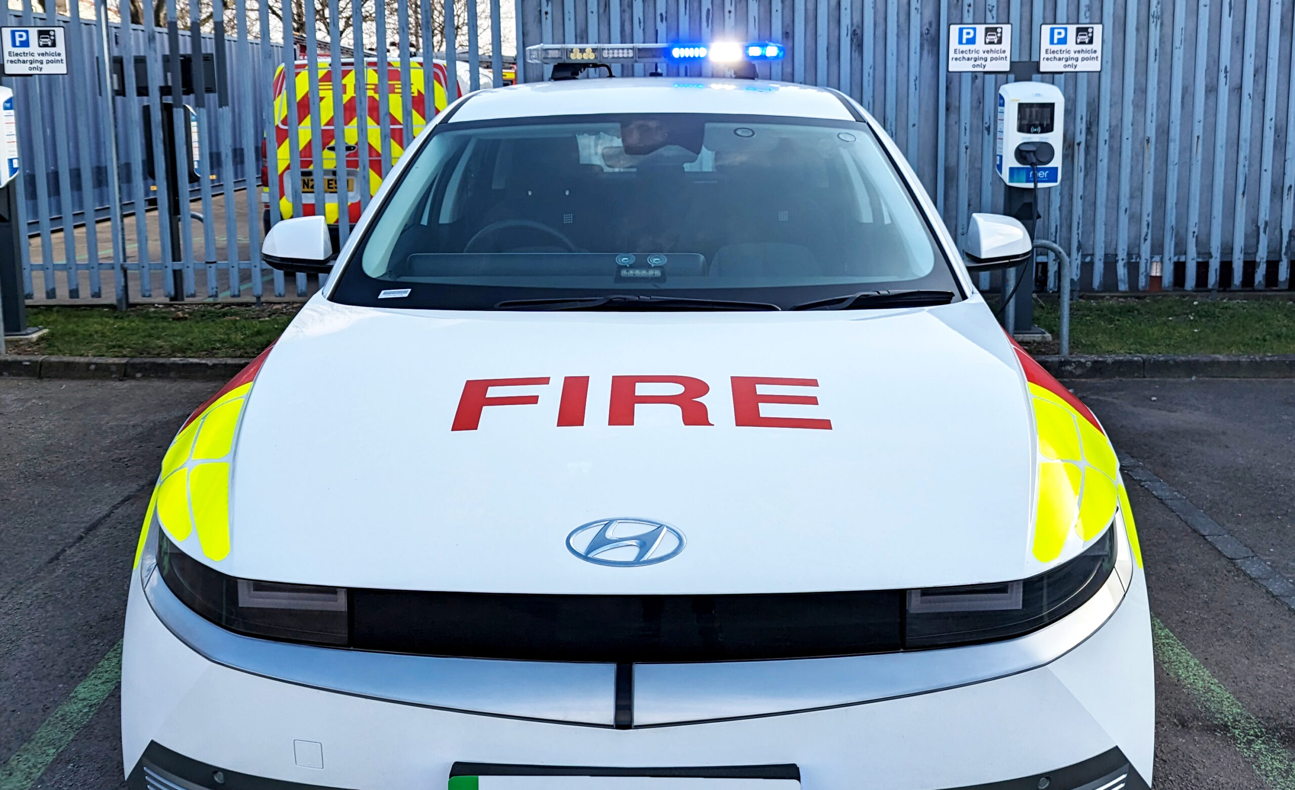 Avon Fire & Rescue Service Hyundai Ioniq Front View with Fire Livery and Blue Lightbar