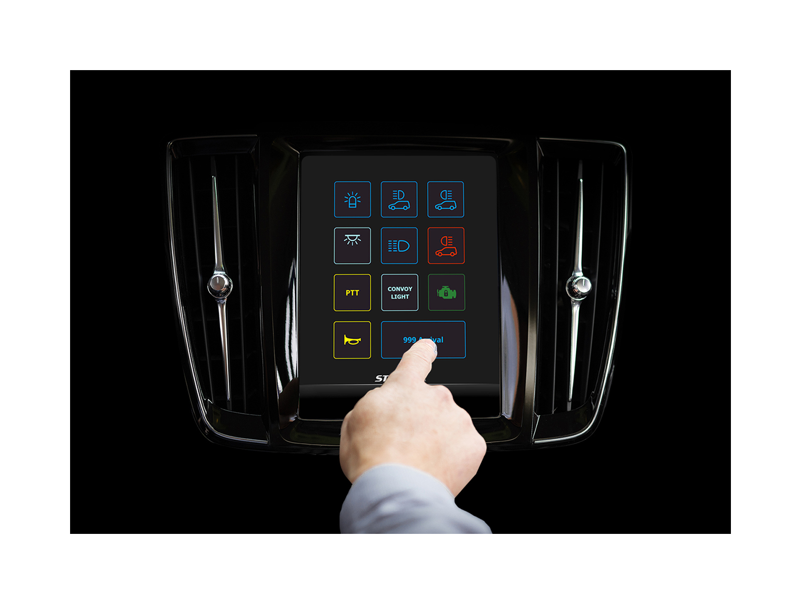 CARAT System Shown on Volvo Infotainment System on Black Background with hand Selecting 999 Arrival Button