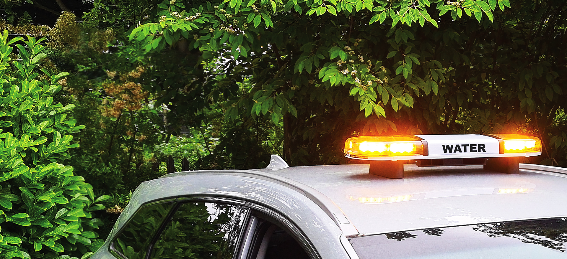 Closely Cropped Angled Shot of Amber Lightbar with Water Livery on Top of Silver Vehicle Roof in Front of Foliage