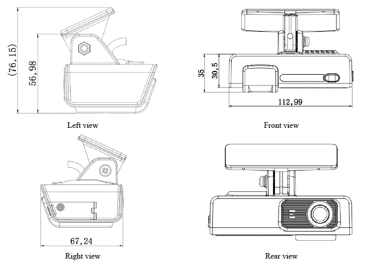 AEX-ST-DMC-MINI Mini Dashcam Dimensions Illustration showing 113.0 mm (length) × 67.2 mm (width) × 57.0 mm (height, without bracket)