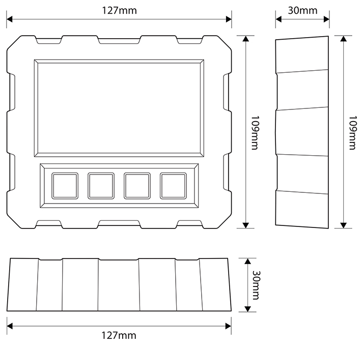 UNI-TSC-XXXX MCS-TSC Touch Screen Controller Dimensions Illustration Showing 127mm Width, 109mm Height and 20mm Depth