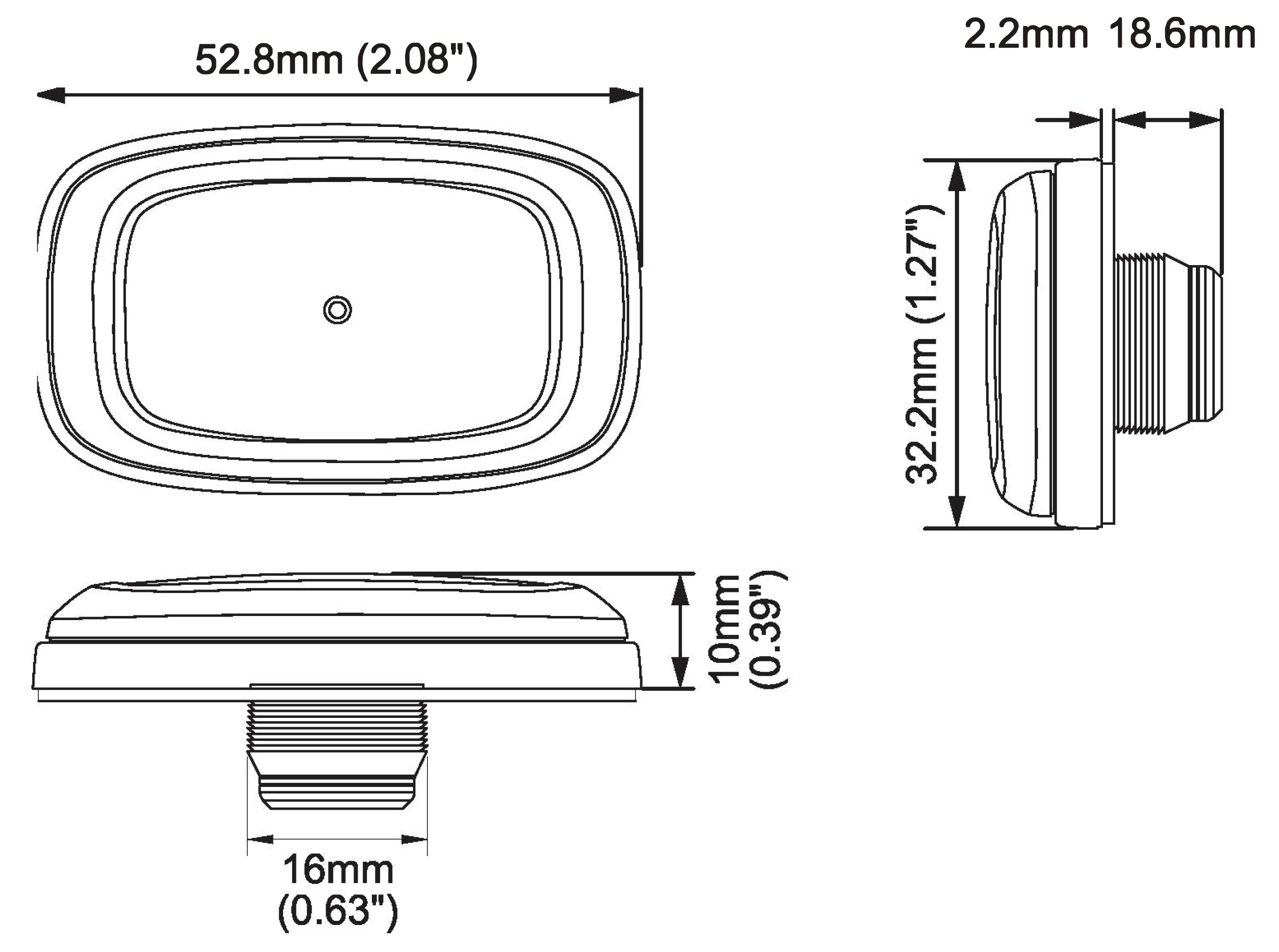 RX4 Reactor Warning Light Dimensions Drawing showing 52.8mm length, 32.2mm width and 10mm depth