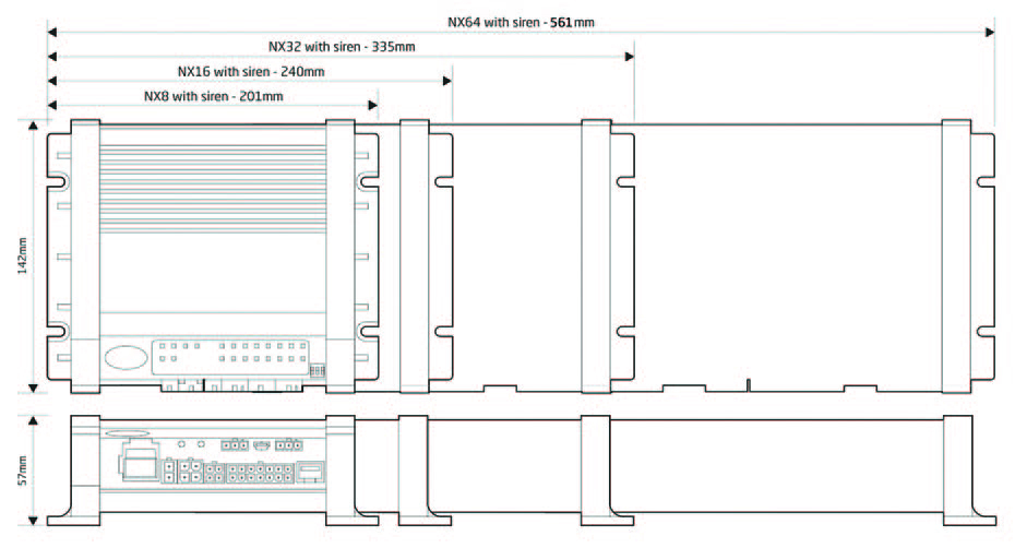 MCS-NX Dimensions showing d57mm, h142mm & w201/240/335/561mm