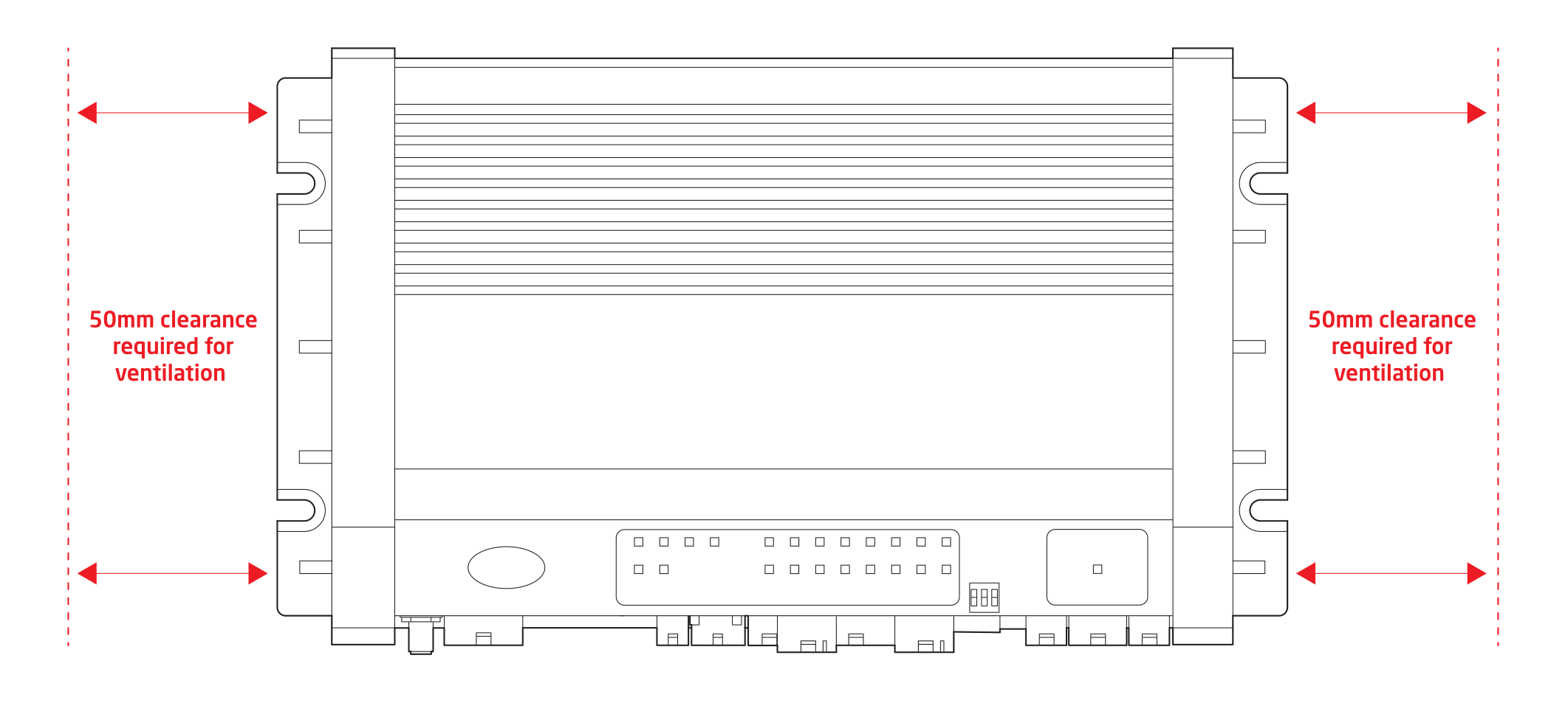 MCS-NX16 Ventilation Clearance Dimensions showing 50mm clearance requirement each side