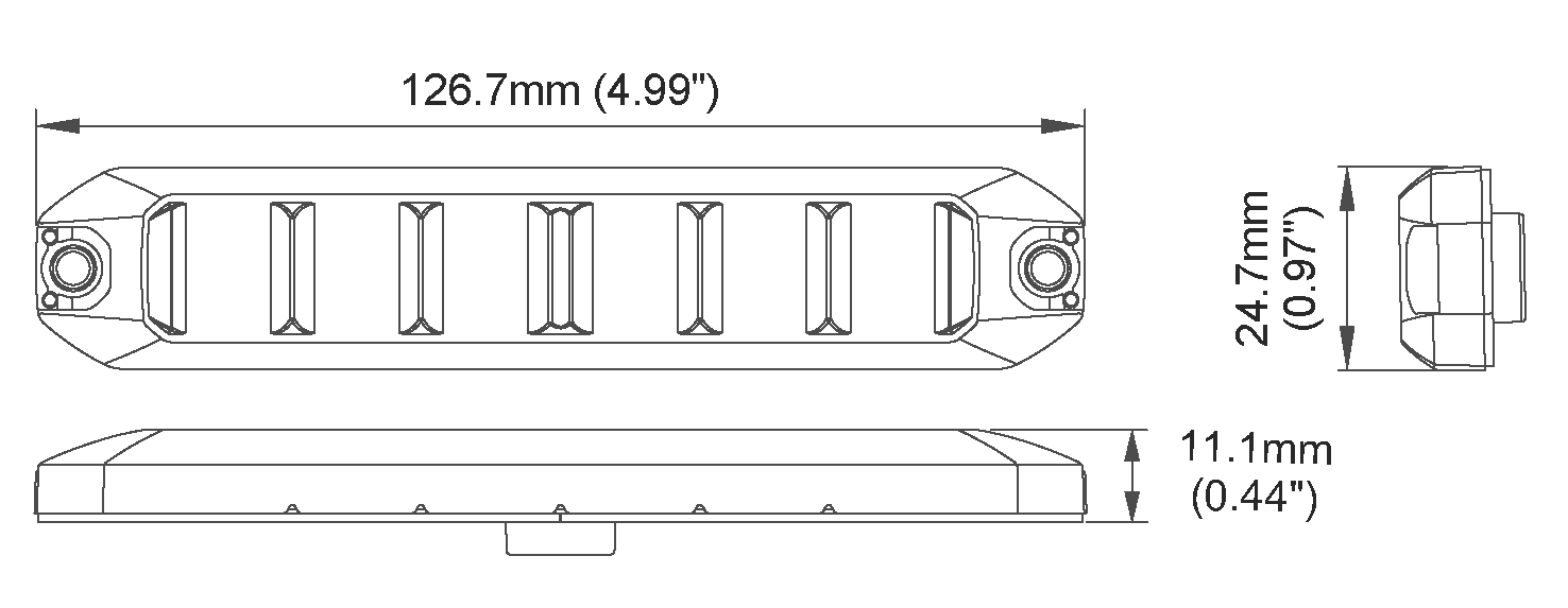 MO89 Flexi-LED Module Dimensions Showing l126.7mm x h24.7mm x w11.1mm