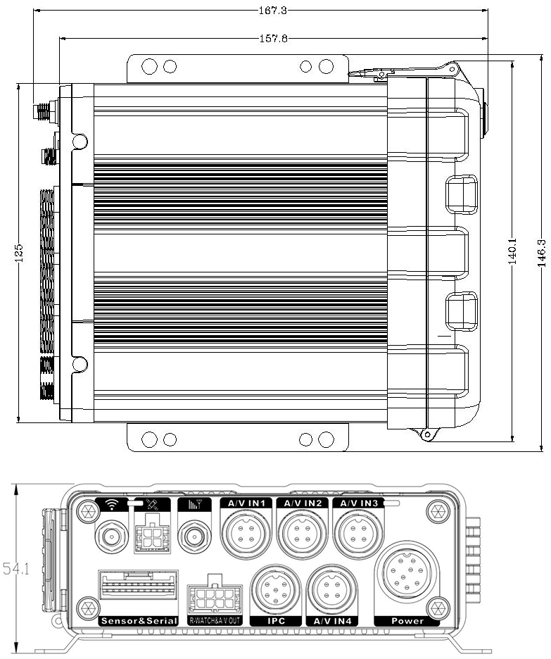 AEX-ST-DVR-M1-4W 5 Channel (1 x IP + 4 x AHD) Twin SD Card Recorder Dimensions Illustration Showing 167.3/157.8mm Width, 146.3/140.1mm/125mm Height and 54.1mm Depth