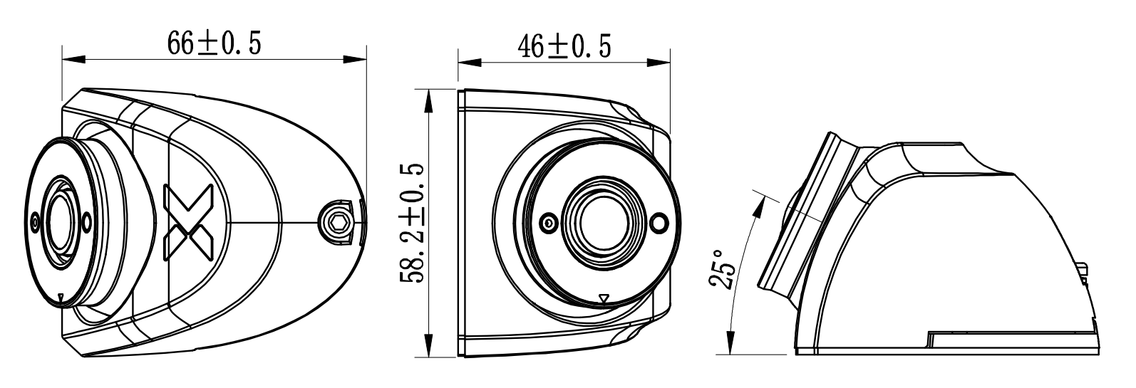Illustration Showing AEX-ST-VMC-C39S External 1080P Mini Side View Camera Dimensions of 66mm Length, 58.2mm Width and 46mm Height