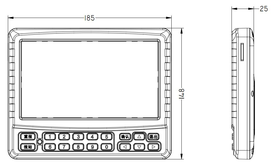 AEX-ST-TSD-CP4 AutoEye Xpert Pro 7" Colour LCD Touch Screen Monitor Dimensions Illustration Showing 185mm Width, 148mm Height and 25mm Depth