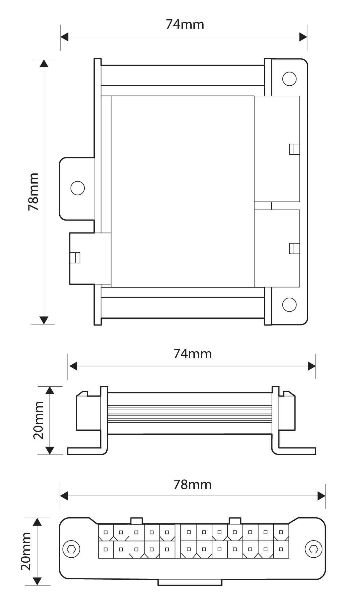 UNI-CIM-001 MCS-CIM CAN Interface Module Dimensions Illustration Showing 74mm Width, 78mm height and 20mm Depth