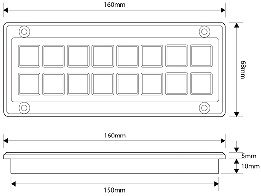 UNI-MXT-XXX MCS-T16A Switch Panel Dimensions Illustration Showing 160mm Width, 68mm Height and 15/10mm Depth