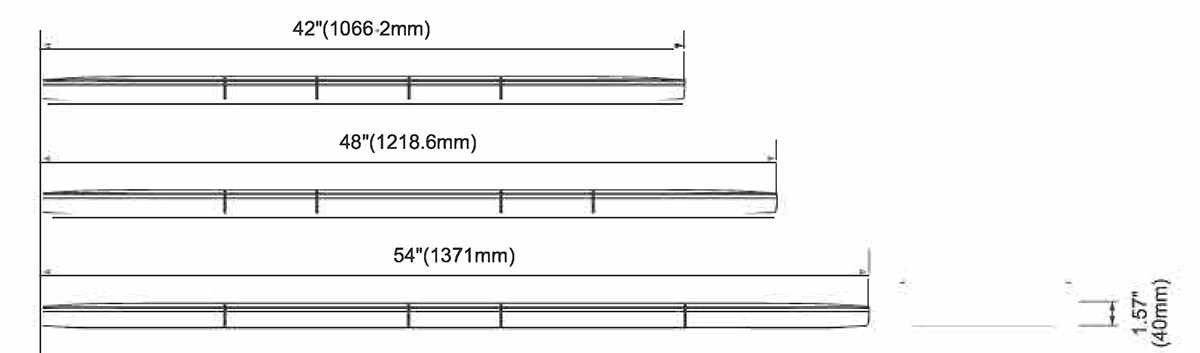 Raiden Lighbar Dimensions Drawings showing 42", $8" and 54" lengths and 1.57" height