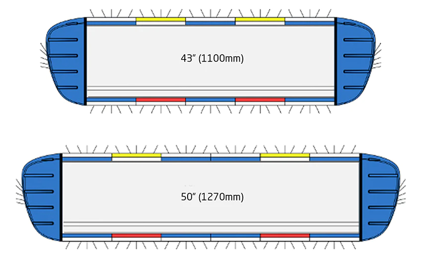 W3 Lightbar Layouts showing 5 LED modules front and back for the 1100mm and 6 modules front and back for the 1270mm