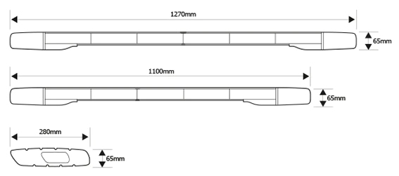 W3 Lightbar Dimensions showing length 1270mm or 1100mm, depth 280mm and height 65mm