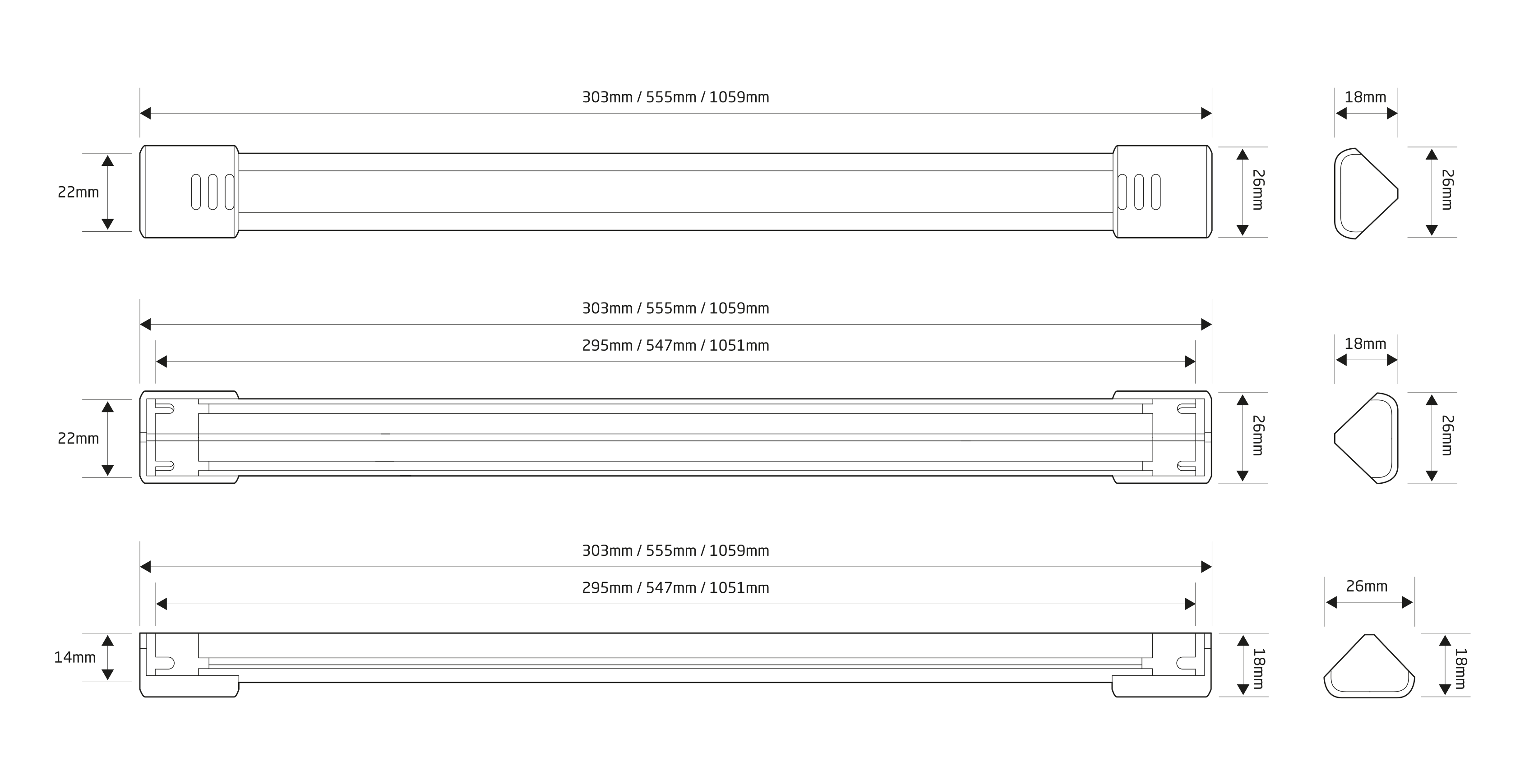 L98 Light Strip Dimensions Drawing Showing length with end caps 303/555/1059, length without end caps 295/547/1051mm, height with end caps 26mm, height without end caps 22mm, depth with end caps 18mm and depth without end caps 18mm.