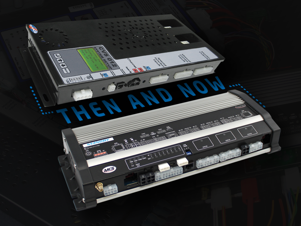 Two Universal Controllers at an angle on a black background with subtle overlayed images, text between the devices reads 'Then and Now' with dotted lines leading to them.