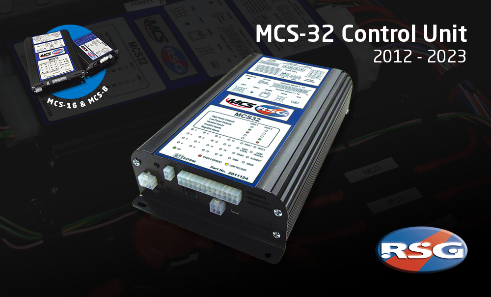 Control Unit Set at an angle on a dark bacground with subtle images overlayed reads 'MCS-32 Control Unit' 2012 - 2023 and smaller callout image with a different controllers in a blue circle that reads MCS-16 & MCS-8