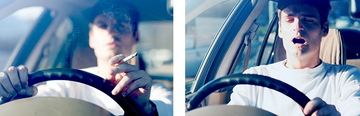 Image set showing smoking and yawning driver behind the wheel