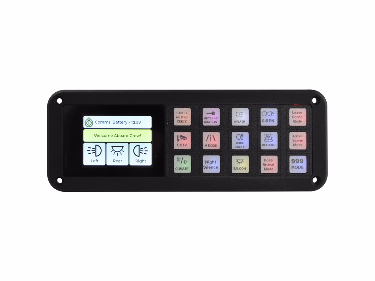MCS-PTS-24 Control Panel with digital screen and 15 hard buttons isolated on a white background.
