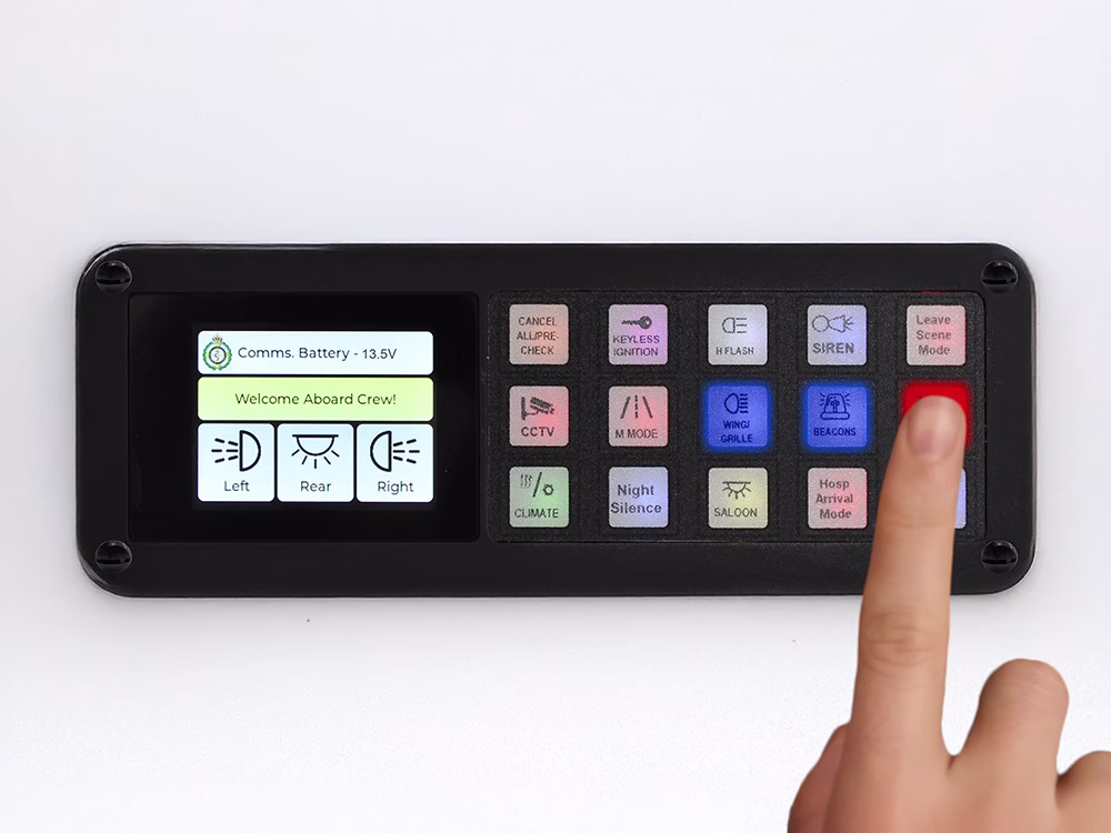 Hand pressing arrive at scene button on an MCS-PTS-24 Control Panel isolated on a white background.