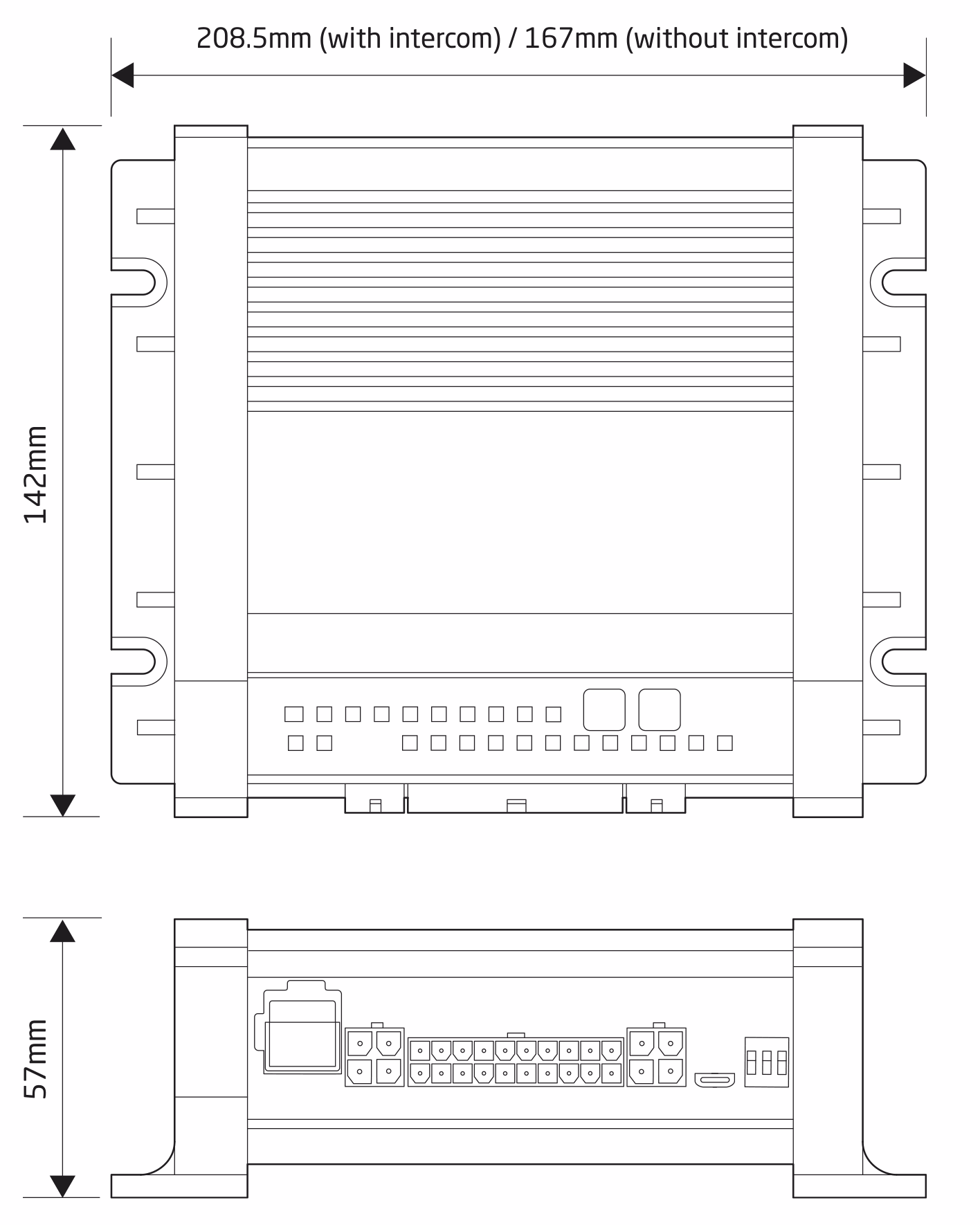 MCS-NXE-12 Dimensions Drawing showing l167mm (or 208.5mm without intercom) x w142mm x h57mm